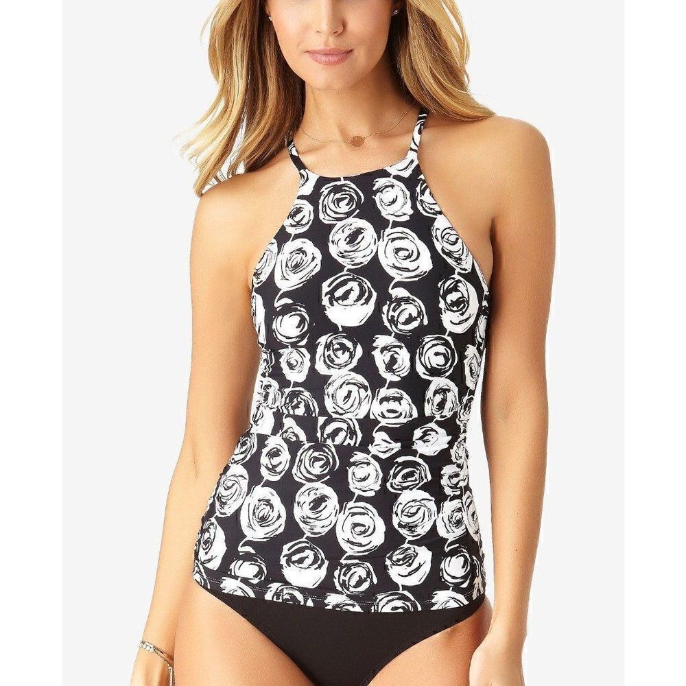 Anne Cole NEW Black/White Halter Tankini Swim Top